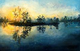 油畫 落日湖景圖片