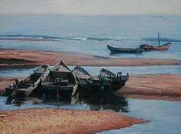 海邊 油畫 大海 漁船圖片