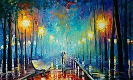 油畫 浪漫雨夜圖片