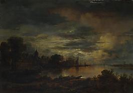 Aert van der Neer - A Village by a River in Moonlight大師畫家古典畫古典建筑古典景物裝飾畫油畫