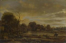 Aert van der Neer - A River Landscape with a Village大師畫家古典畫古典建筑古典景物裝飾畫油畫