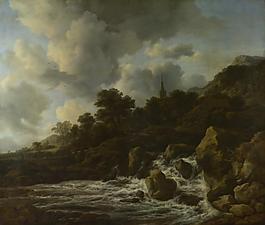Jacob van Ruisdael - A Waterfall at the Foot of a Hill, near a Village大師畫家古典畫古典建筑古典景物裝飾畫油畫