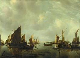 Jan van de Cappelle - A River Scene with Dutch Vessels Becalmed大師畫家古典畫古典建筑古典景物裝飾畫油畫