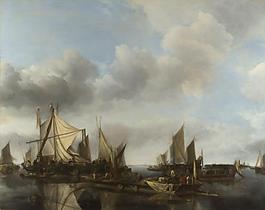 Jan van de Cappelle - A River Scene with a Large Ferry大師畫家古典畫古典建筑古典景物裝飾畫油畫