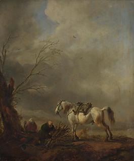 Philips Wouwermans - A White Horse, and an Old Man binding Faggots大師畫家古典畫古典建筑古典景物裝飾畫油畫