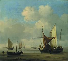 Willem van de Velde - Small Dutch Vessels Aground at Low Water in a Calm大師畫家古典畫古典建筑古典景物裝飾畫油畫