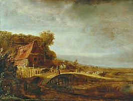 Attributed to Govert Flinck - Landscape with a Farm and a Bridge, 1640大師畫家古典畫古典建筑古典景物裝飾畫油畫