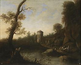 Anonymous (Circulo de Both, Jan) - Paisaje banado por un rio con jinete y un torreon, 17 Century大師畫家