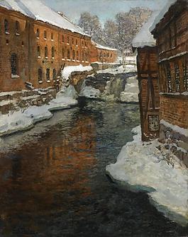 Frits Thaulow - The Akerselven River in the Snow大师画家风景画静物油画建筑油画装饰画