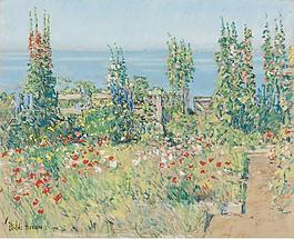 Frederick Childe Hassam - Hollyhocks, Isle of Shoals, 1902大師畫家風景畫靜物油畫建筑油畫裝飾畫