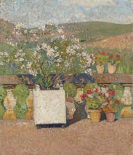 Henri Martin - Flower Box with Rose-Bush and Pots with Geranium on the Terrace of Marquayrol in S大師畫