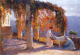 Henri Martin - The Arbour in Autumn with Two Women and a Goat, 1915大师画家风景画静物油画建筑油画装饰画