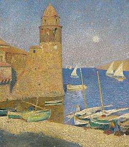 Henri Martin - The Tower of Collioure under the Rising Moon大師畫家風景畫靜物油畫建筑油畫裝飾畫
