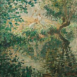 Jenny Montigny - Young Girls on the River Bank大師畫家風(fēng)景畫靜物油畫建筑油畫裝飾畫