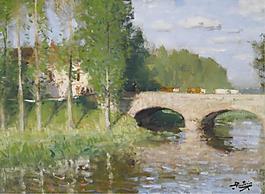 Pierre-Eugene Montezin - Bridge upon the River, Sainte-Gemme-Moronval大師畫家風(fēng)景畫靜物油畫建筑油畫裝飾畫