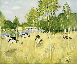 Pierre-Eugene Montezin - Cows on the Meadow大師畫家風(fēng)景畫靜物油畫建筑油畫裝飾畫