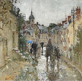 Pierre-Eugene Montezin - Village under the Rain大師畫家風景畫靜物油畫建筑油畫裝飾畫