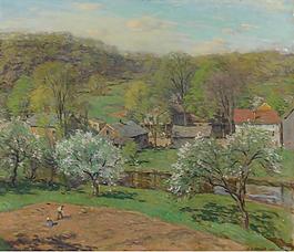 Willard Leroy Metcalf - The Village in Late Spring, 1920大師畫家風景畫靜物油畫建筑油畫裝飾畫