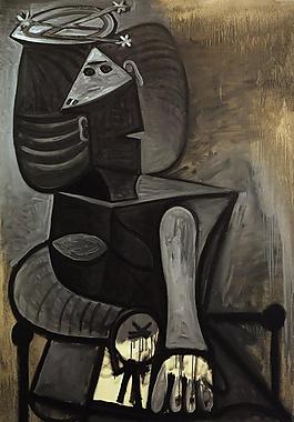 1945 Femme assise au chapeau plat西班牙畫家巴勃羅畢加索抽象油畫人物人體油畫裝飾畫
