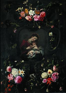 Seghers, Daniel - Guirnalda con la Virgen y el Nino, 17 Century花卉水果蔬菜器皿靜物印象畫(huà)派寫實(shí)主義油畫(huà)裝飾畫(huà)