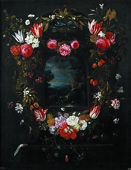 Ykens, Catarina II - Paisaje dentro de una guirnalda, End of 17 Century花卉水果蔬菜器皿静物印象画派写实主义油画装饰画