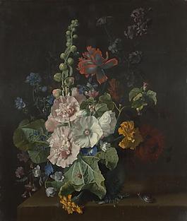 Jan van Huysum - Hollyhocks and Other Flowers in a Vase花卉水果蔬菜器皿静物印象画派写实主义油画装饰画