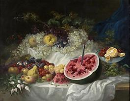 Lucas Velazquez, Eugenio - Bodegon, 1849靜物水果瓜果蔬菜器皿食物印象畫派寫實主義油畫裝飾畫