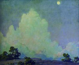Charles Courtney Curran - Evening Cloud and Rising Moon, 1942風景水景河流海洋植物樹木田園印象畫派寫實主義油畫裝飾畫