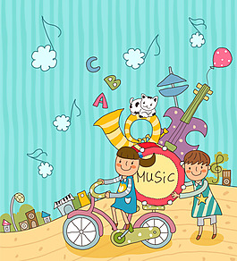 騎著自行車載著樂器的孩子