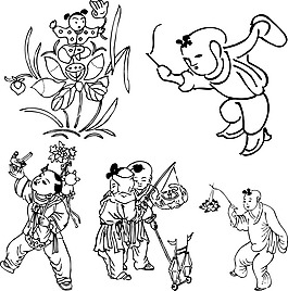 古代童子白描圖