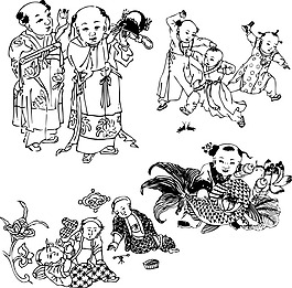古代童子白描圖