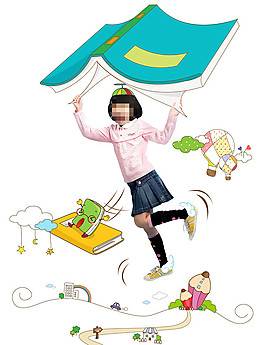 頂著書本的女孩插畫