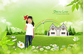 草地上的白花和小女孩