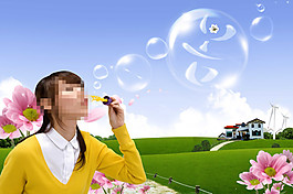 粉色花朵和吹泡泡的美女