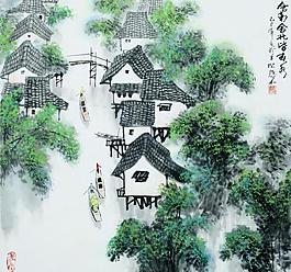水鄉春色彩磨畫圖片