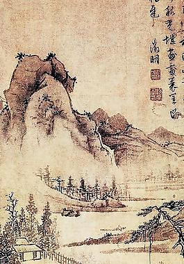 國畫《積雨連村圖》文徵明圖片