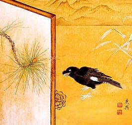 八哥紋屏圖圖片