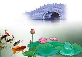 小橋河流荷花PSD