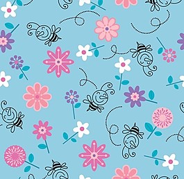 快樂的小蜜蜂和可愛花朵平鋪背景矢量素材