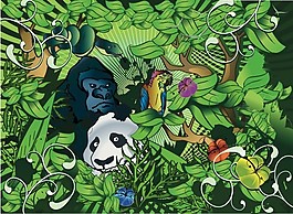 綠色叢林里的動物們矢量素材