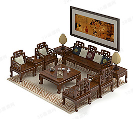 中式實木沙發茶幾組合