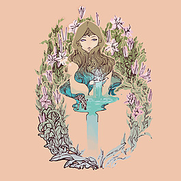 印花矢量圖 人物 女人 植物 葉子 免費(fèi)素材