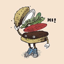 印花矢量圖 生活元素 漢堡 擬人 文字 免費(fèi)素材