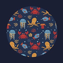 印花矢量圖 動物 螃蟹 魚 章魚 免費素材