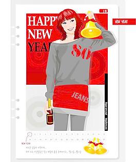 韩国女生月历卡矢量图03