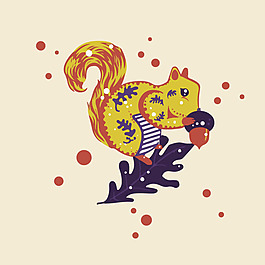 印花矢量圖 動(dòng)物 松鼠 民俗風(fēng) 植物 免費(fèi)素材