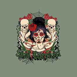 印花矢量圖 人物 女人 骷髏 植物 免費素材