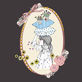 印花矢量圖 人物 女孩 植物 花朵 免費素材