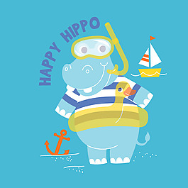 印花矢量圖 卡通 動物 河馬 航海元素 免費素材