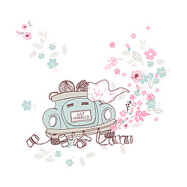 印花矢量圖 可愛卡通 情侶 汽車 植物 免費(fèi)素材